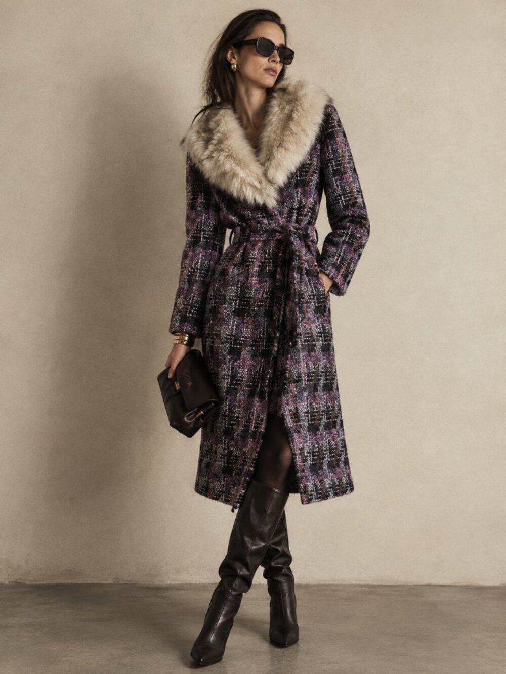 Vintage Wool Multicolor Pea Coat with Fur Collar